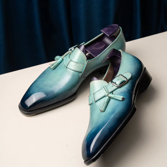 Hand-painted pigmented cowhide shoes - Inspired by the sky blue glazed Jun porcelain fragments