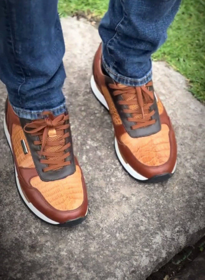 Cognac Python And Calfskin Fashion Sneakers